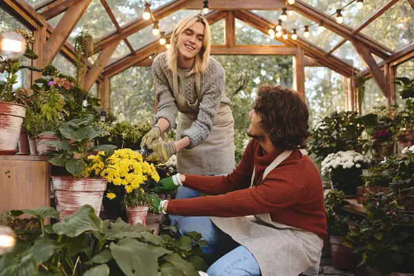 In einem hellen Gewächshaus voller üppiger Pflanzen arbeiten zwei junge Freunde zusammen, pflegen Blumen und genießen die ruhige Atmosphäre. — Stockfoto