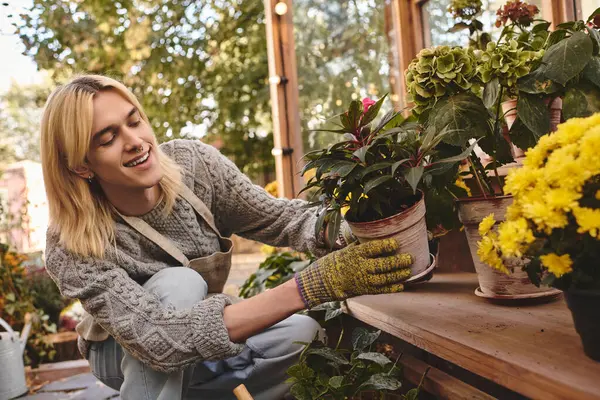 A young and handsome man with blond hair smiles while tending to colorful plants in a greenhouse. Sunlight fills the space, creating a warm and inviting atmosphere for gardening. — Stock Photo