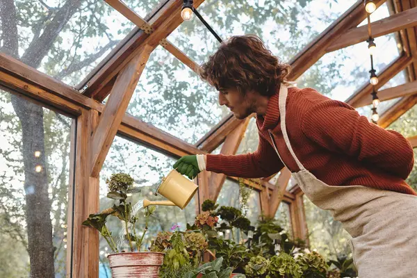 A young and handsome man tends to lush greenery inside a charming greenhouse. Wearing gloves and a wool sweater, they water vibrant flowers, enjoying the serene atmosphere. — Stock Photo