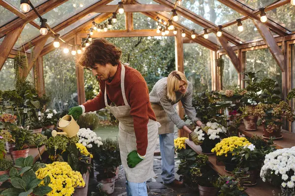 Caught in a serene moment, two young men tend to colorful blooms in a lush greenhouse filled with greenery. The atmosphere is tranquil, showcasing their passion for gardening and nurturing plants. — Stock Photo