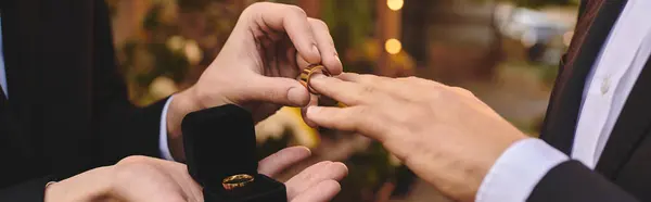Two young men stand together in a romantic setting, exchanging rings with joy and sincerity. This intimate moment highlights their love and commitment to each other during a significant ceremony. — Stock Photo