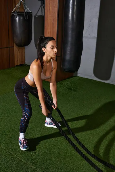 Fit young woman intensively trains with battle ropes for strength. — Stock Photo