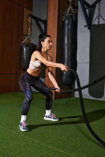 Focused woman performs an intense training session using battle ropes in a gym setting. — Stock Photo