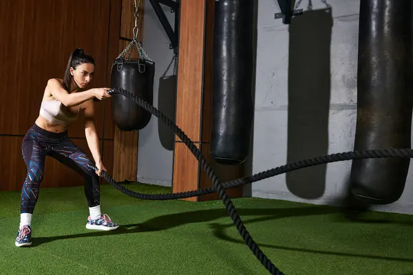 A dedicated woman engages in an intense exercise routine using battle ropes in a gym. — Stock Photo
