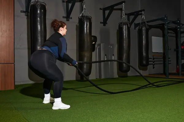 Engaging in intense battle rope drills aimed at building strength and stamina indoors at the gym. — Stock Photo