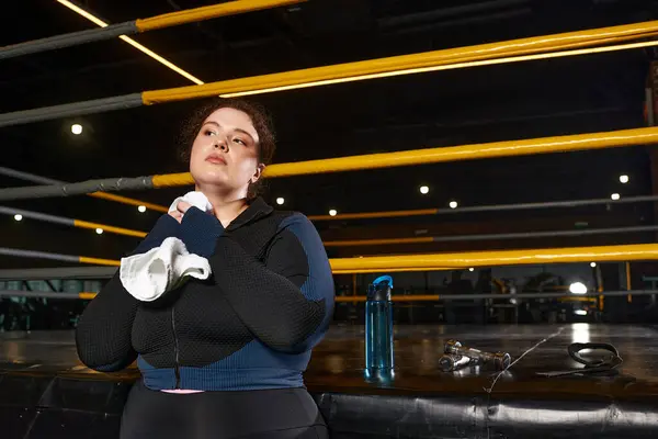 Mujer toma un respiro, reflexionando sobre su viaje de entrenamiento en un ambiente de gimnasio vibrante. - foto de stock