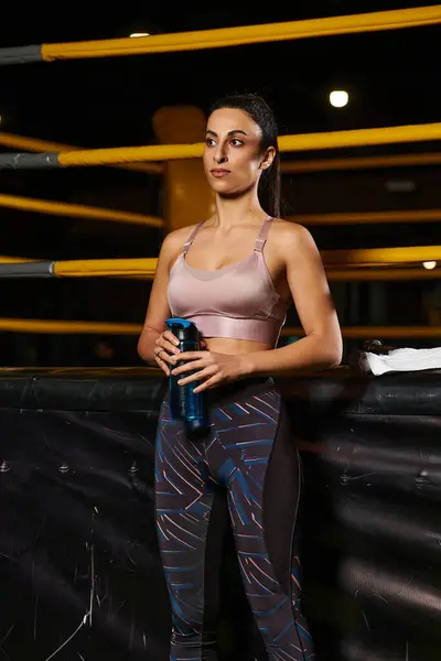 Dedicated woman stands by the training ring, rehydrating after a focused workout session. — Stock Photo