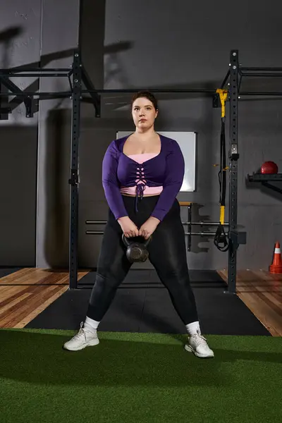 Focused woman engages in kettlebell exercises while enhancing fitness and strength. — Stock Photo