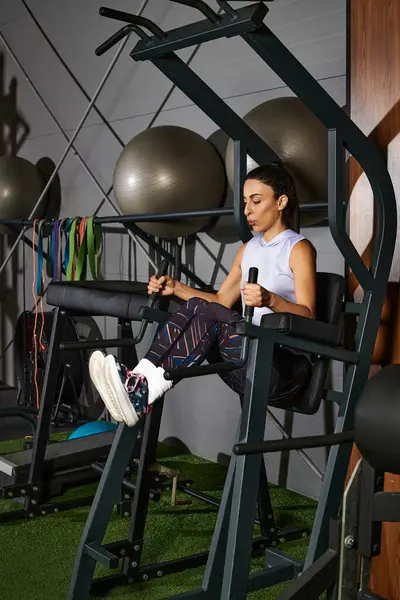 Woman trains her lower body with determination in a vibrant fitness studio built for success — Stock Photo
