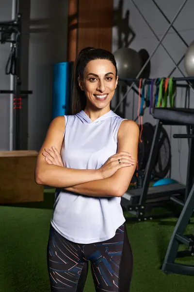 Donna posa con fiducia in una palestra ben attrezzata, mostrando dedizione al fitness e al benessere — Foto stock