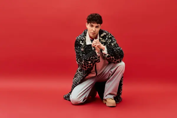 Dressed in a trendy outfit, a stylish man poses with confidence in a vibrant setting. — Stock Photo