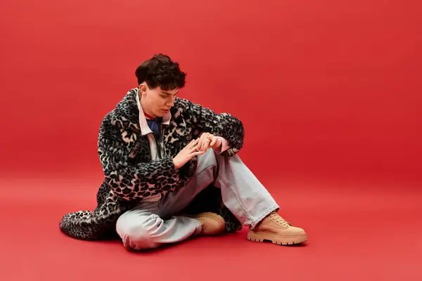 Stylish gentleman in a chic coat sits thoughtfully on the ground, showcasing his trendy outfit. — Stock Photo