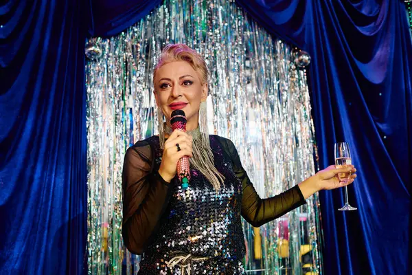 A drag performer dazzles the crowd with striking makeup and a sparkling outfit on stage. — Stock Photo