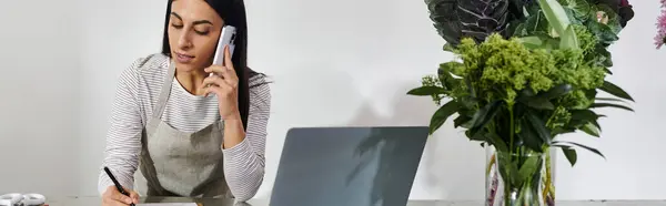 A dedicated florist organizes her flower shop, balancing phone calls and order management, banner — Stock Photo