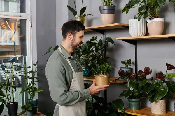 Un fleuriste habile tend à faire vibrer les plantes dans sa charmante boutique de fleurs dédiée à la nature. — Photo de stock