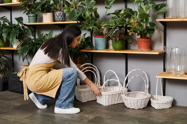 Morena florista arregla cestas en su encantadora floristería llena de plantas. - foto de stock