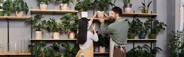 Couple enjoys a joyful moment while arranging plants in their vibrant shop space, banner — Stock Photo