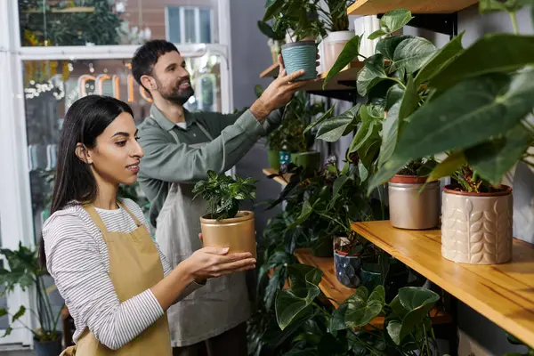 Owners of a florist shop skillfully arranging plants together in their eco-friendly business. — Stock Photo