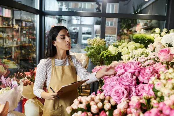 In a cozy flower shop, a skilled florist curates vibrant blooms while managing daily tasks. — Stock Photo