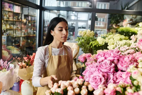 Hermosa florista morena selecciona flores para arreglos en su vibrante tienda de flores diariamente. - foto de stock
