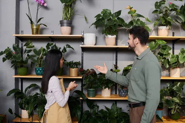 Beautiful florist engages with a client while surrounded by vibrant plants and flowers. — Stock Photo
