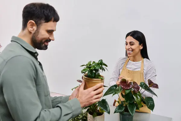 A skilled florist engages with a male client, showcasing beautiful plants — Stock Photo