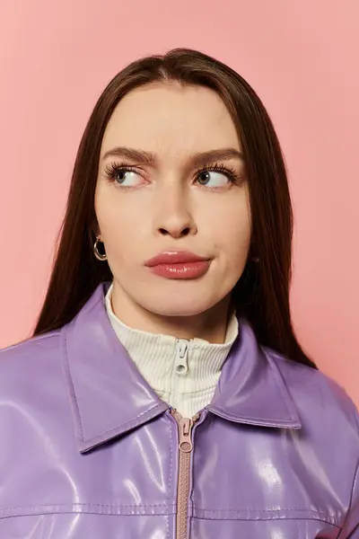 A vibrant, stylish woman wearing a purple jacket expresses a thoughtful look on her face. — Stock Photo