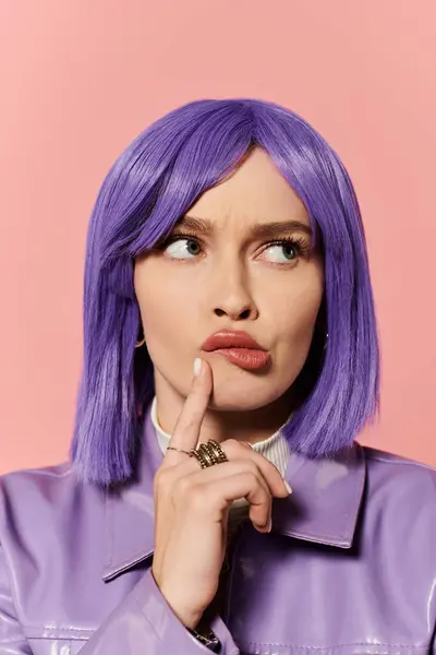 A vibrant and stylish woman with purple hair thoughtfully poses with a finger to her lips. — Stock Photo
