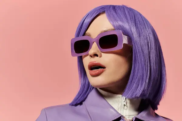 A stylish woman flaunts her unique purple hair and sunglasses against a pink backdrop. — Stock Photo