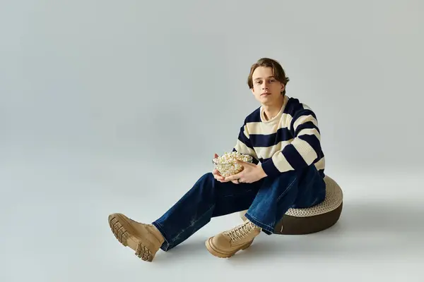Un jeune homme vêtu d'un pull rayé s'assoit dans un studio, tenant un bol avec du pop-corn — Photo de stock