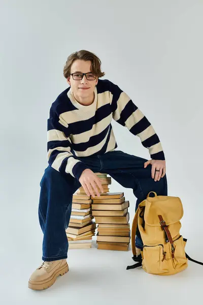 A handsome young man dressed in a striped sweater sits on a stack of books, showcasing his style. — Stock Photo