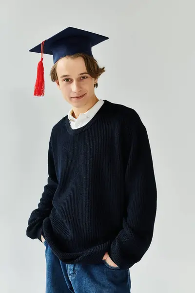Bello giovane studente indossa orgogliosamente il suo cappello di laurea mentre posa in uno studio. — Foto stock