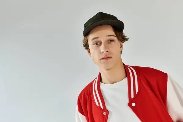 A young, fashionable man stands in a studio, showcasing his trendy bomber jacket and casual style. — Stock Photo