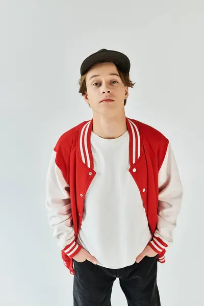 A confident young man showcases his stylish bomber jacket in a studio setting. — Stock Photo