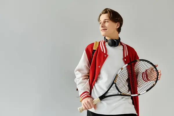 A stylish young man holds a tennis racket and wears headphones with confidence. — Stock Photo