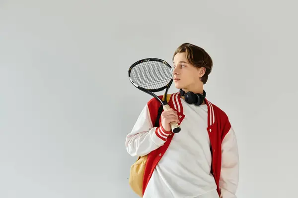 A stylish young man holds a tennis racket in a studio, exuding confidence. — Stock Photo