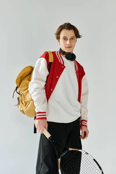 Handsome student showcases his stylish bomber jacket while holding a tennis racket. — Stock Photo