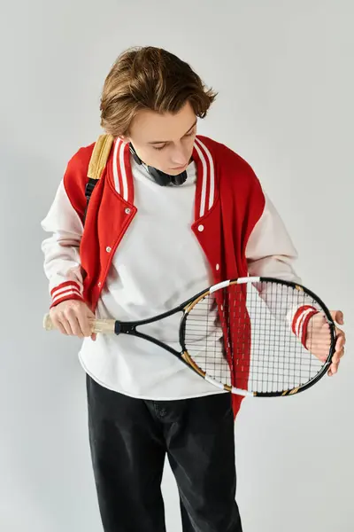 A handsome student in a fashionable bomber jacket holds a tennis racket, showcasing youth culture. — Stock Photo