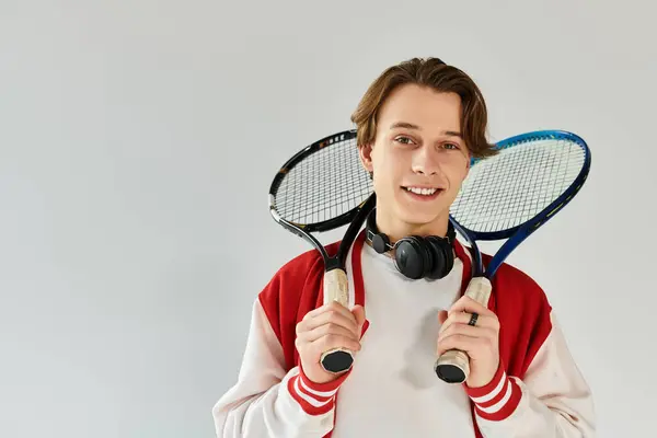 Jovem bonito mostra um olhar esportivo com raquetes de tênis, incorporando a cultura juvenil em um estúdio. — Fotografia de Stock