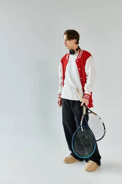 A young man in a trendy bomber jacket stands confidently, holding tennis rackets in a studio. — Stock Photo