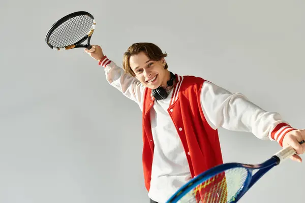 A handsome student expresses joy in a fashionable bomber jacket while holding tennis rackets. — Stock Photo