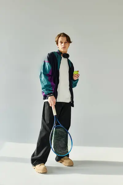 Young man exudes confidence while holding a tennis racket and ball, showcasing youth fashion. — Stock Photo