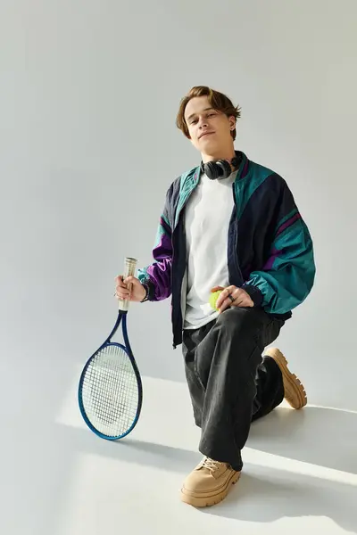 A young man in a colorful bomber jacket poses confidently with a tennis racket and ball. — Stock Photo