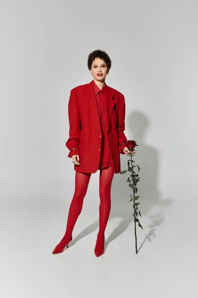A confident young woman in a red suit holds a rose, showcasing modern fashion flair. — Stock Photo