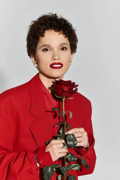 Striking young woman showcases confidence as she holds a red rose while dressed in a bold red suit. — Stock Photo