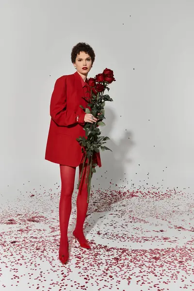 A young woman stands confidently in a vibrant red outfit, surrounded by rose petals. — Stock Photo