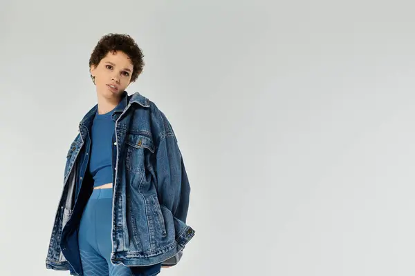 A stylish young woman confidently poses in a trendy oversized denim jacket, exuding charm. — Stock Photo
