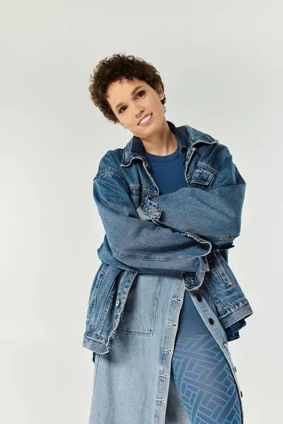 A stylish young woman exudes confidence in trendy denim while posing against a neutral backdrop. — Stock Photo