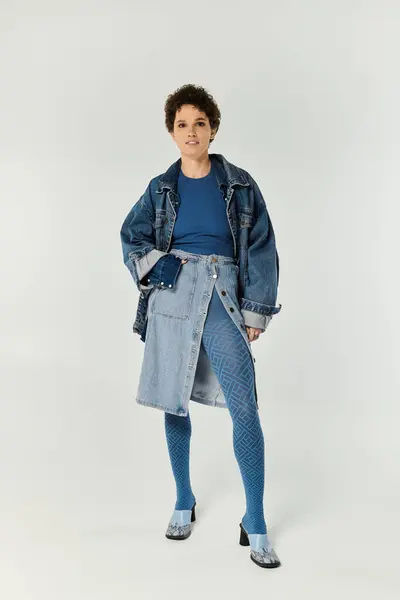 A stylish young woman confidently poses in a vibrant, creative denim outfit. — Stock Photo