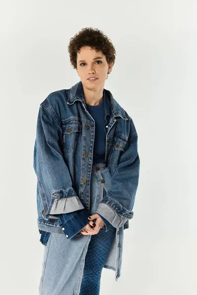 A young beautiful woman showcases her fashion sense in denim attire while striking a pose indoors. — Stock Photo